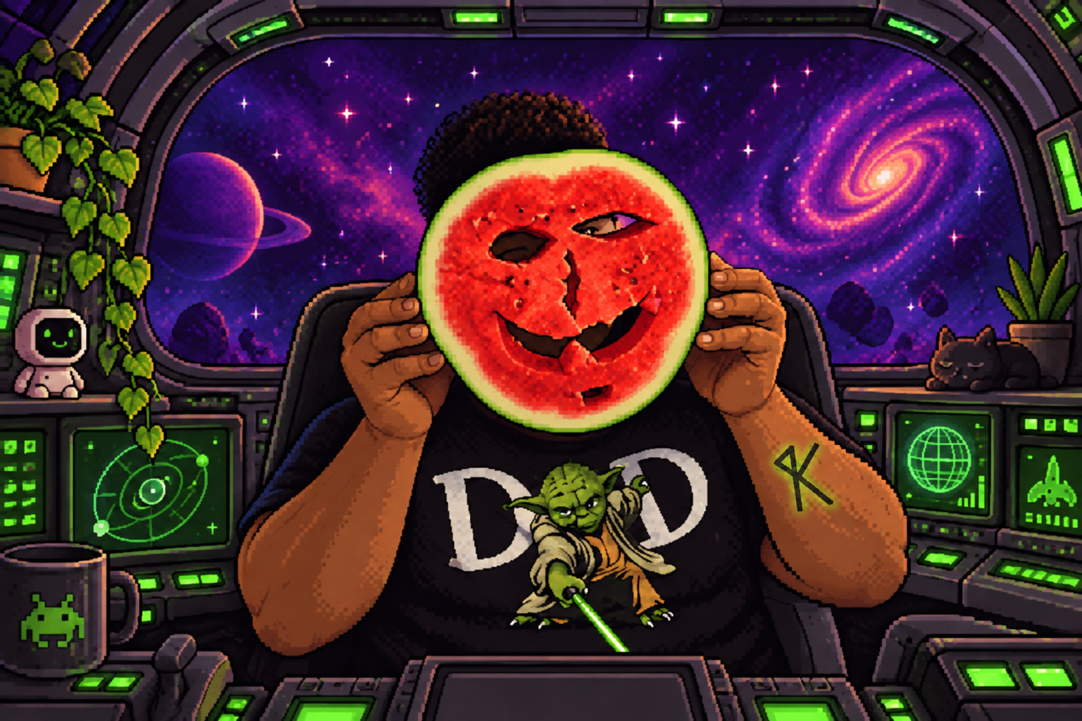 Pixel-art PK in a spaceship, holding a smiling carved watermelon over his face, with a softly glowing green forearm rune.