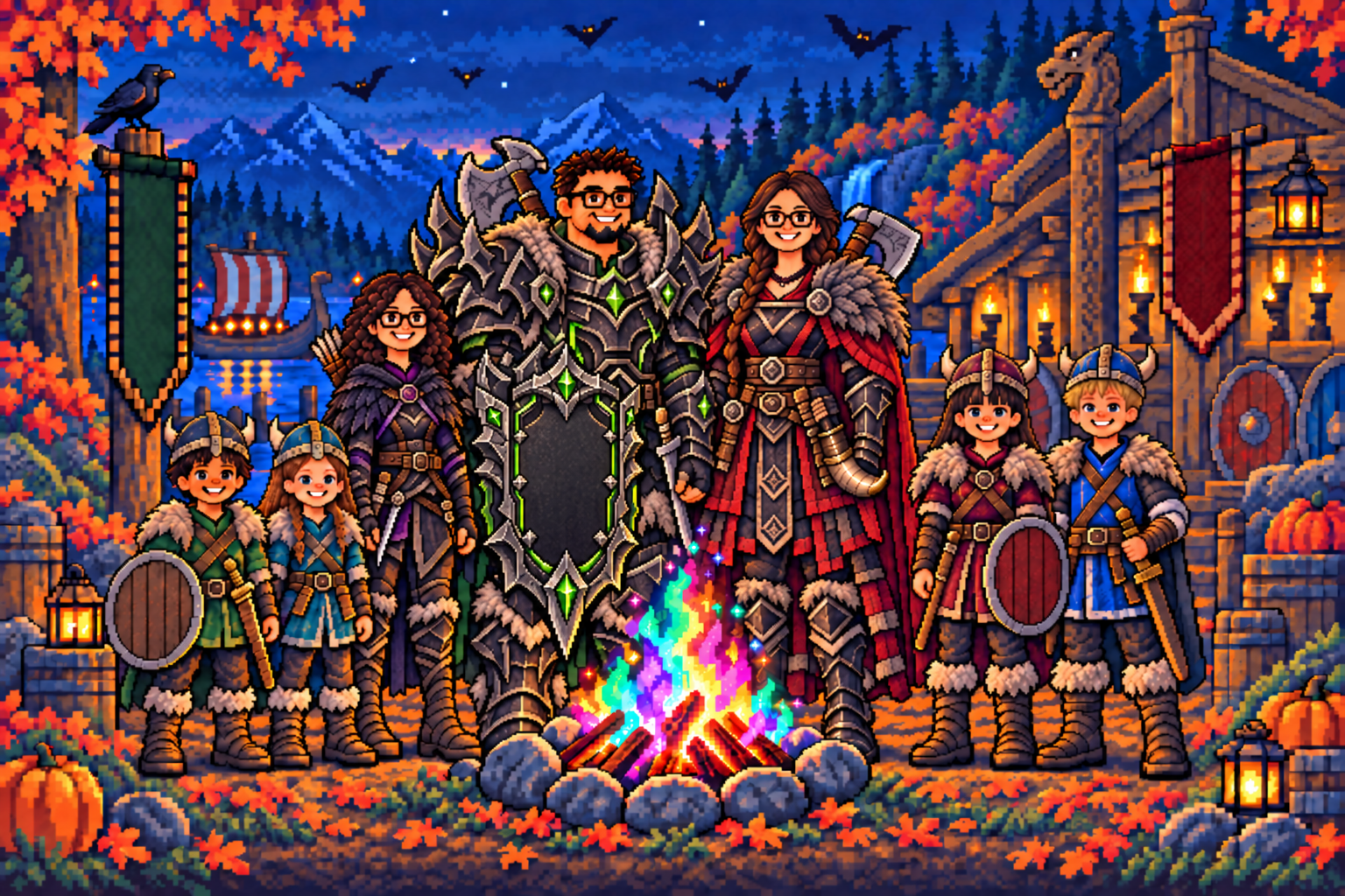16-bit-style PK, Gothic Viking Tiffany, and their five children around a Halloween campfire, with PK’s personal rune on the three shields and both banners, colorful campfire flames, and bats overhead.